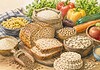 Glutenvrij dieet, coeliakie en darmgezondheid Glutenvrije producten zoals brood, haver en rijstwafels op een houten tafel naast verse groenten en fruit