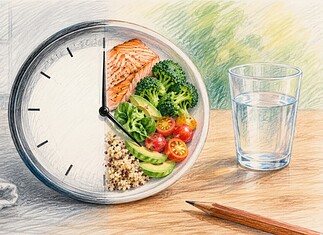 Intermittent fasting en gewichtsverlies Intermittent fasting met klok, gezonde maaltijd en water tijdens tijdgebonden eten en gecontroleerd vastenschema