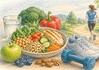 Gezond afvallen met voeding en beweging Persoon maakt een gezonde maaltijd klaar met groenten, eiwitten en volkorenproducten als onderdeel van gewichtsverlies