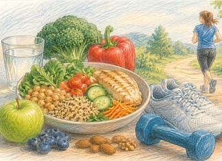 Gezond afvallen met voeding en beweging Persoon maakt een gezonde maaltijd klaar met groenten, eiwitten en volkorenproducten als onderdeel van gewichtsverlies