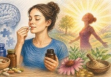 Placebo-effect bij voedingssupplementen Persoon houdt een pot voedingssupplementen vast terwijl capsules en gezondheidssymbolen op de achtergrond zichtbaar zijn