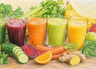 Detox en sapkuren: feiten en gezondheid Glazen met groente- en fruitsappen op een tafel als symbool voor detoxkuren, voeding, gewichtsverlies en gezondheid